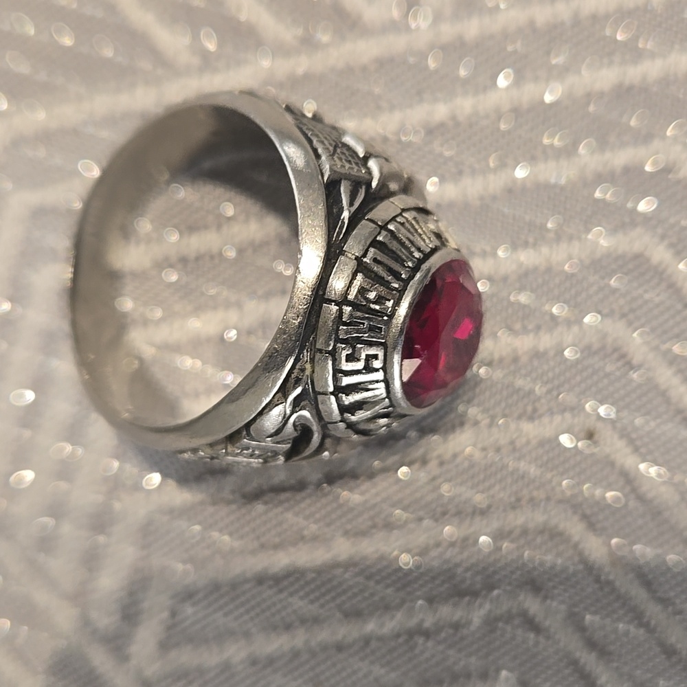 Silver University Ring with Red Gemstone